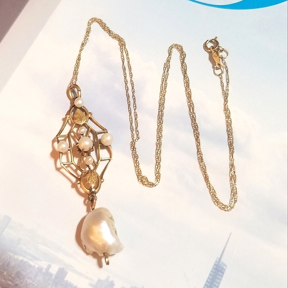 ANTQ SOLID 10KT Gold Seed Pearl Lavaliere Necklace - Picture 7 of 8